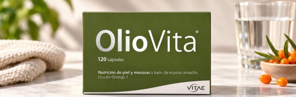 Caja de OlioVita junto a bayas de espino amarillo y un vaso de agua