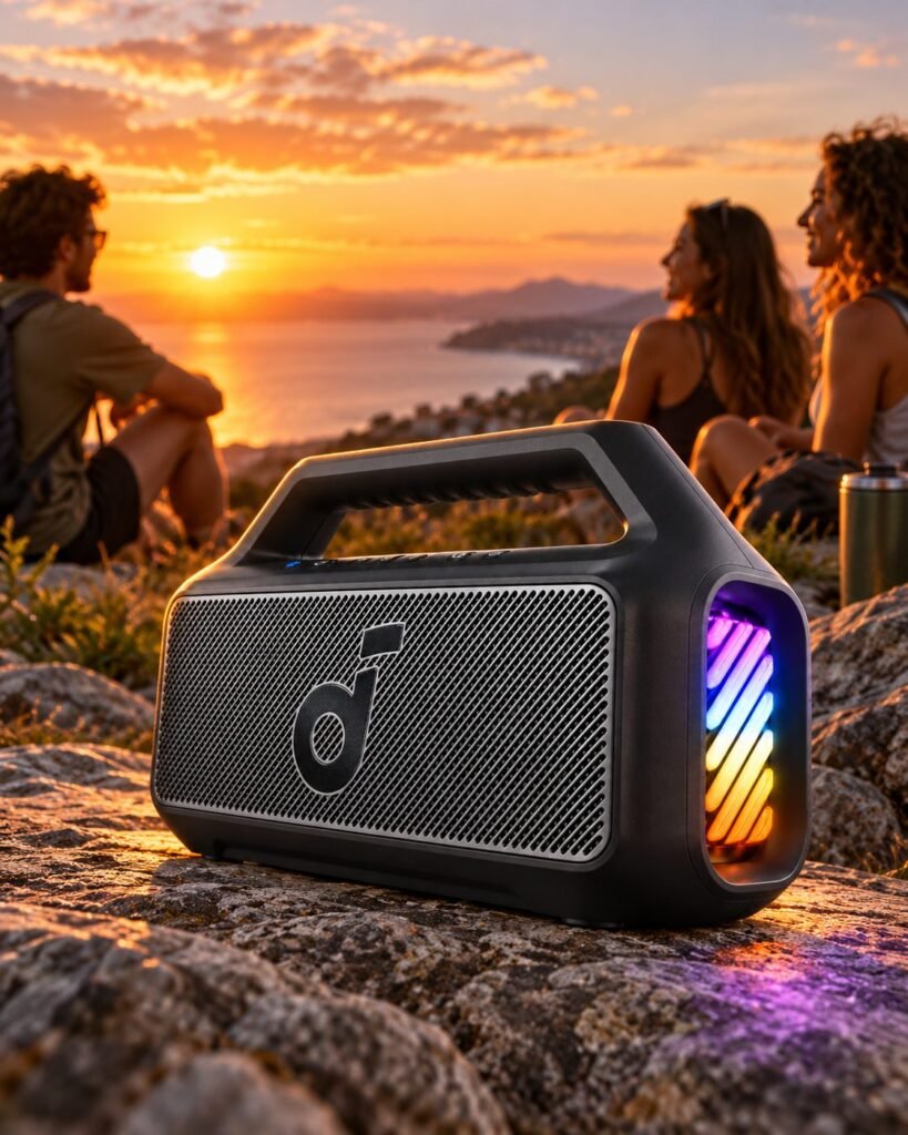 Altavoz Soundcore Boom 2 sobre unas rocas junto a un grupo de amigos al atardecer (imagen ilustrativa)