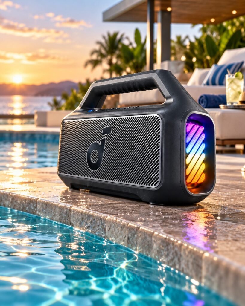 Altavoz Soundcore Boom 2 en el borde de una piscina (imagen ilustrativa)